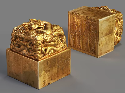 Golden Decorative Ornament Set With Intricate Dragon Carvings And Seal Shaped Design 3d model