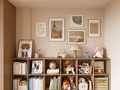 Cozy Storage Cabinet With Books Framed Art Toys And Table Lamp In Room Corner 3d model