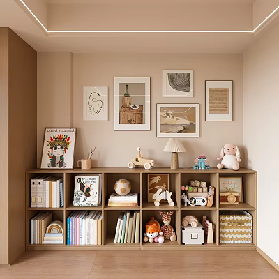 Cozy Storage Cabinet With Books Framed Art Toys And Table Lamp In Room Corner 3d model