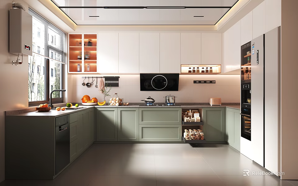 Modern Kitchen Interior Design With Island Counter White Cabinets And Appliances 3d model 