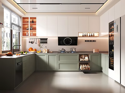 Modern Kitchen Interior Design With Island Counter White Cabinets And Appliances 3d model