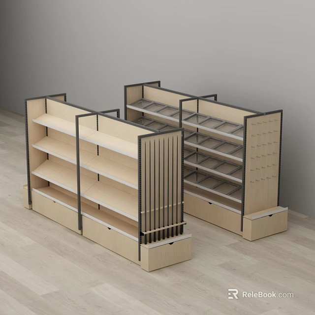Retail Store Wooden And Black Metal Display Shelves With Multiple Layers 3d model 