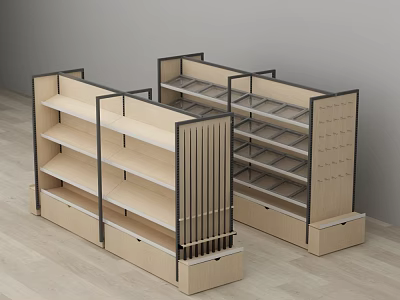 Retail Store Wooden And Black Metal Display Shelves With Multiple Layers 3d model