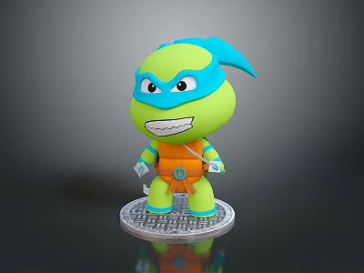 Chibi Ninja Turtle Figure With Green Body Blue Mask Orange Belt On Transparent Base 3d model