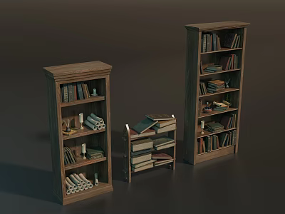 Vintage Wooden Bookcases Filled With Books Scrolls And Decorative Items 3d model