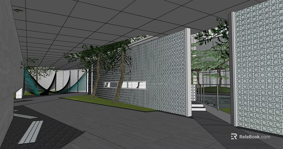 Residential Landscape Design With Modern Perforated Wall Trees Grass And Entrance Area 3d model 