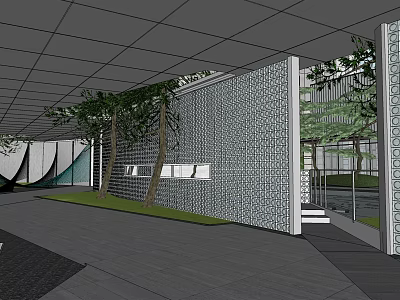 Residential Landscape Design With Modern Perforated Wall Trees Grass And Entrance Area 3d model