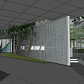 Residential Landscape Design With Modern Perforated Wall Trees Grass And Entrance Area