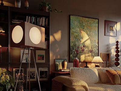 Cozy Living Room Interior Design With Bookshelf Floor Lamp Large Artwork And Soft Sofa 3d model
