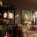 Cozy Living Room Interior Design With Bookshelf Floor Lamp Large Artwork And Soft Sofa