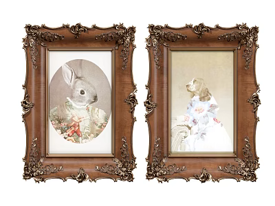 Two Ornate Wooden Frames Featuring Rabbit And Dog Portraits 3d model