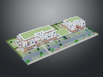 Residential Landscape With Two Buildings Green Roofs Lawns Trees Parking Spaces And Cars 3d model