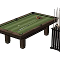 Classic Wooden Billiard Table With Green Felt Surface Pool Cues And Cue Rack