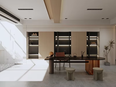 Modern Tea Room Interior With Minimalist Design Table Seats And Shelves 3d model