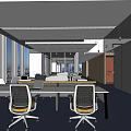 Modern Public Office Space Interior With Geometric Ceiling Glass Partitions And Blue Carpet