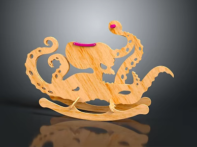 Wooden Octopus Shaped Rocking Chair With Curved Tentacles And Red Accents 3d model