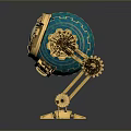 Blue Green Mechanical Sphere Character With Golden Structure Glowing Circular Part And Stand