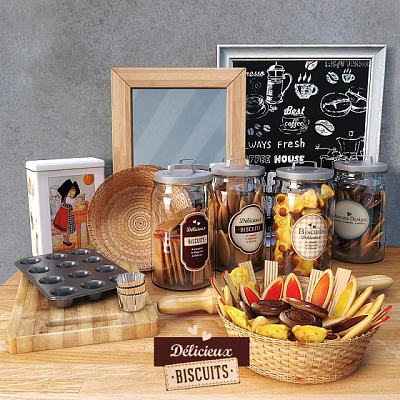 Modern Kitchenware Collection With Glass Storage Jars Baking Molds And Decorative Wooden Tray 3d model