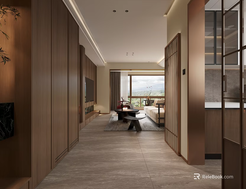 Modern Living and Dining Room Interior with Wooden Cabinets Sofa Coffee Table and Large Window 3d model 