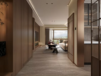 Modern Living and Dining Room Interior with Wooden Cabinets Sofa Coffee Table and Large Window 3d model