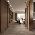 Modern Living and Dining Room Interior with Wooden Cabinets Sofa Coffee Table and Large Window