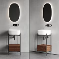 Modern Minimalist Washbasin with White Vessel Black Metal Stand Wooden Base and Round Mirror