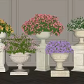 Various Colored Potted Plants On White Stone Pedestals Against Striped Gray Walls And Wooden Floor
