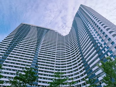 Modern High Rise Hotel Building Exterior Design With Windows And Trees 3d model