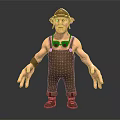 3D Cartoon Character Wearing Brown Overalls Cap Big Ears And Headphones