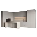 Modern Minimalist Kitchen Interior With Gray Cabinets Striped Island Counter And Soft Lighting
