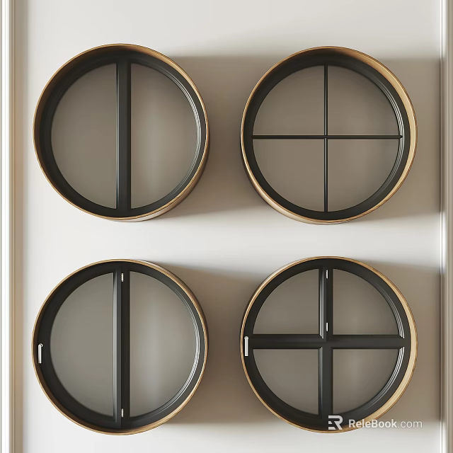 Four Circular Decorative Panels With Black Divider Lines And Gold Frames 3d model 