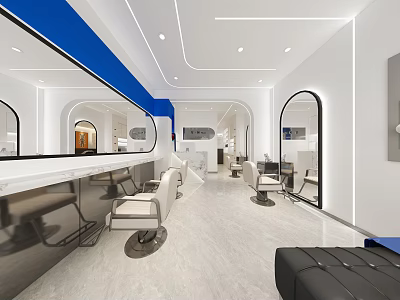 Modern Hair and Beauty Salon Interior With Large Mirrors Styling Chairs Blue White Decor 3d model