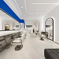 Modern Hair and Beauty Salon Interior With Large Mirrors Styling Chairs Blue White Decor