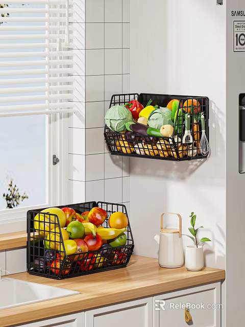 Fresh Vegetables Stored in Black Wall Mounted and Countertop Baskets in Modern Kitchen 3d model 