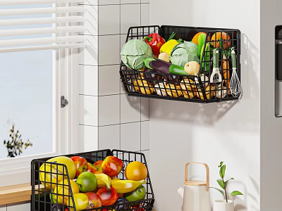 Fresh Vegetables Stored in Black Wall Mounted and Countertop Baskets in Modern Kitchen 3d model