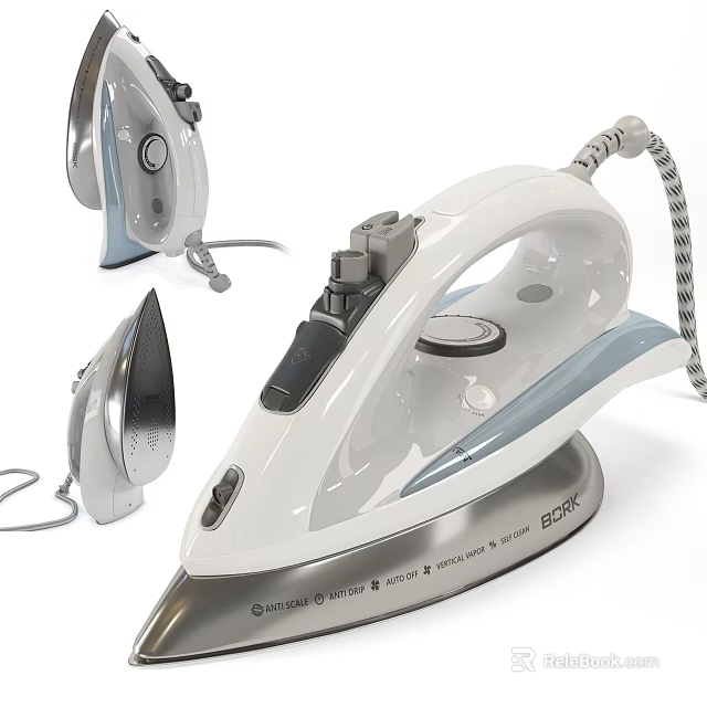 Modern Electric Iron With White Body Black Handle And Silver Soleplate Displayed In Multiple Angles 3d model 
