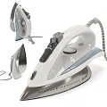 Modern Electric Iron With White Body Black Handle And Silver Soleplate Displayed In Multiple Angles