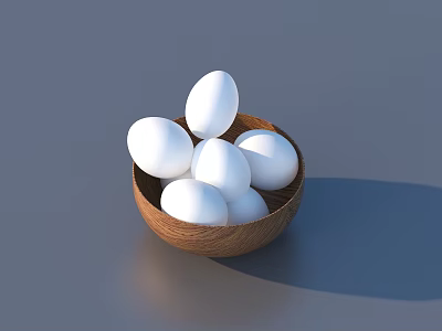Fresh White Chicken Eggs in a Natural Wooden Bowl on Gray Surface 3d model