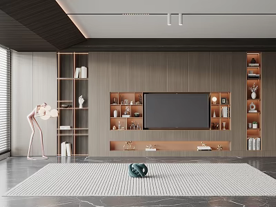 Modern Wooden TV Background Cabinet with Shelves and Display Storage in Living Room Interior 3d model