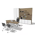 Modern Office Desk Setup With Ergonomic Chairs Shelving Unit Books And Decorative Items