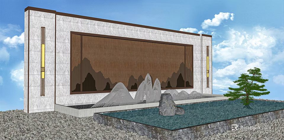 Traditional Chinese Landscape Wall With Stone Surface Mountain Pattern And Water Pool 3d model