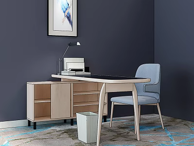 Light Wood Desk Interior with Chair Lamp Wall Art Drawers and Blue Wall 3d model
