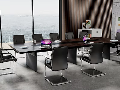 Modern Conference Table With Black Leather Chairs And Laptops By Sea View Windows 3d model
