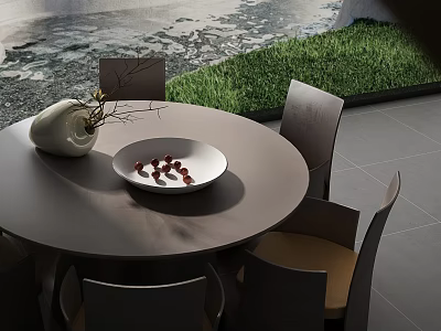 Stylish Round Dining Table Set With Vase Plate And Chairs Near Grass View 3d model