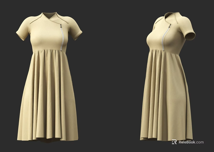 Beige Short Sleeve Dress with Collar Design Side Zipper and Pleated Skirt 3d model 