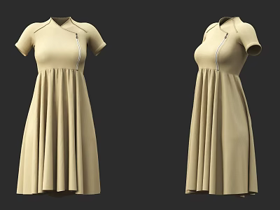 Beige Short Sleeve Dress with Collar Design Side Zipper and Pleated Skirt 3d model