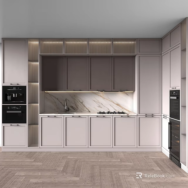Modern Kitchen Interior With Gray Cabinets Marble Countertop And Built-in Appliances 3d model 