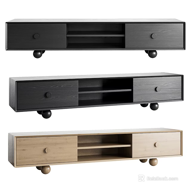 Modern Wooden TV Stand With Drawers Shelves And Black Wood Tone Design 3d model 