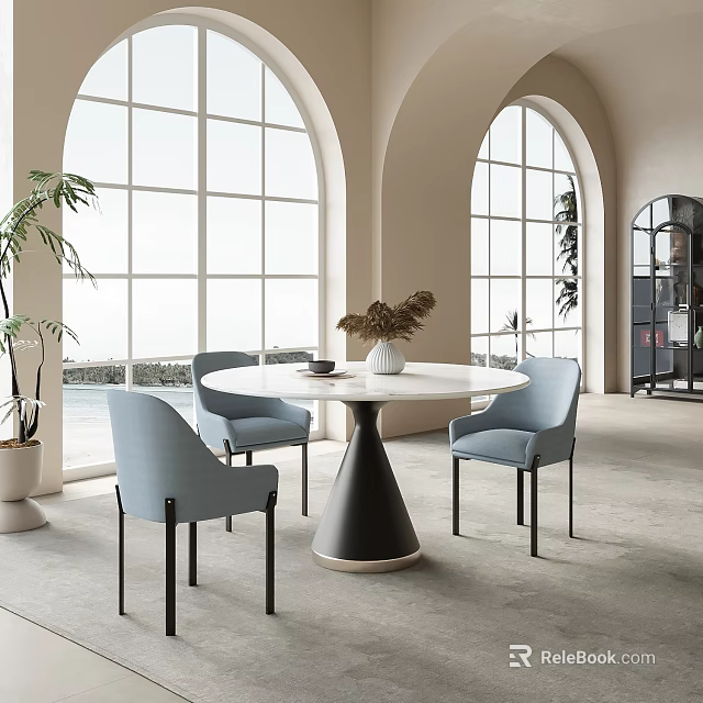 Elegant Restaurant Interior with Arched Windows Round Marble Table Light Blue Chairs and Green Plants 3d model 