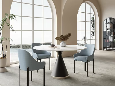 Elegant Restaurant Interior with Arched Windows Round Marble Table Light Blue Chairs and Green Plants 3d model